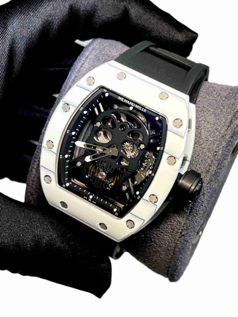 Richard Mille white watch with black skeleton with black rubber strap super clone watches in Dubai